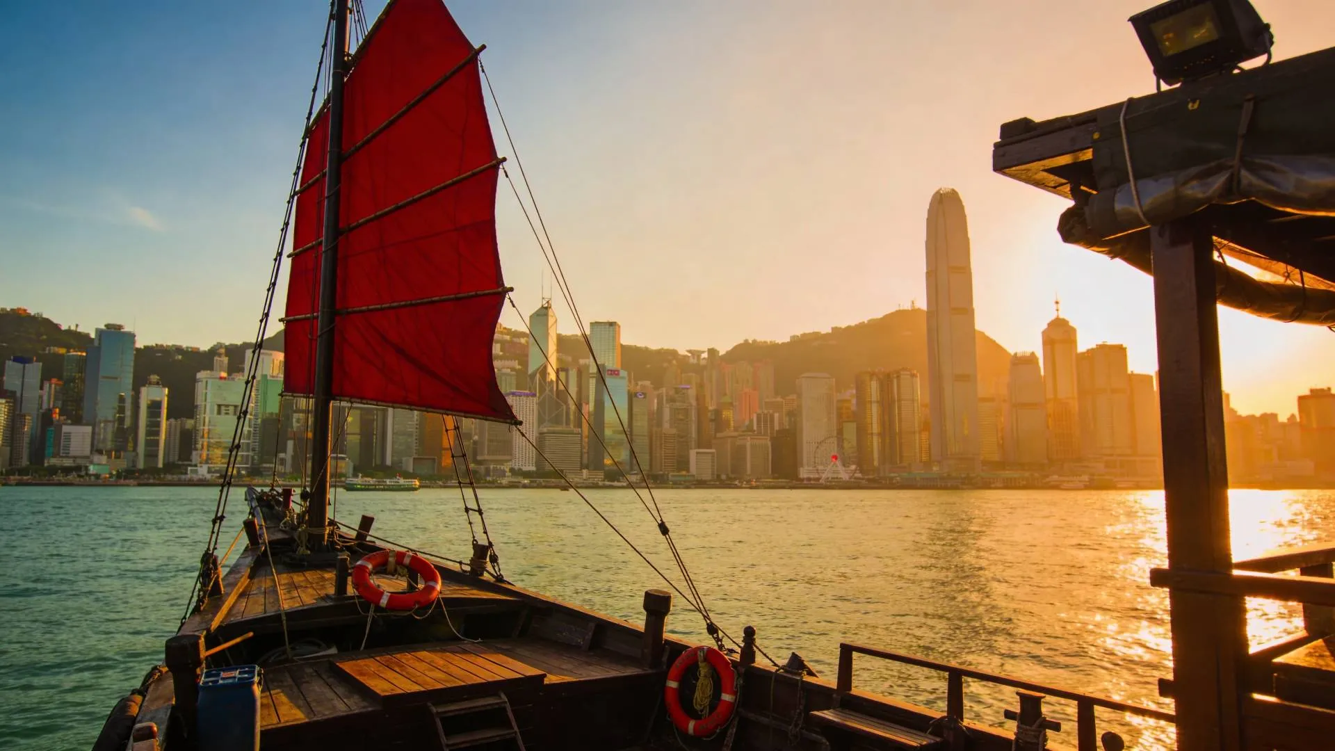 Victoria Harbour skyline at golden hour