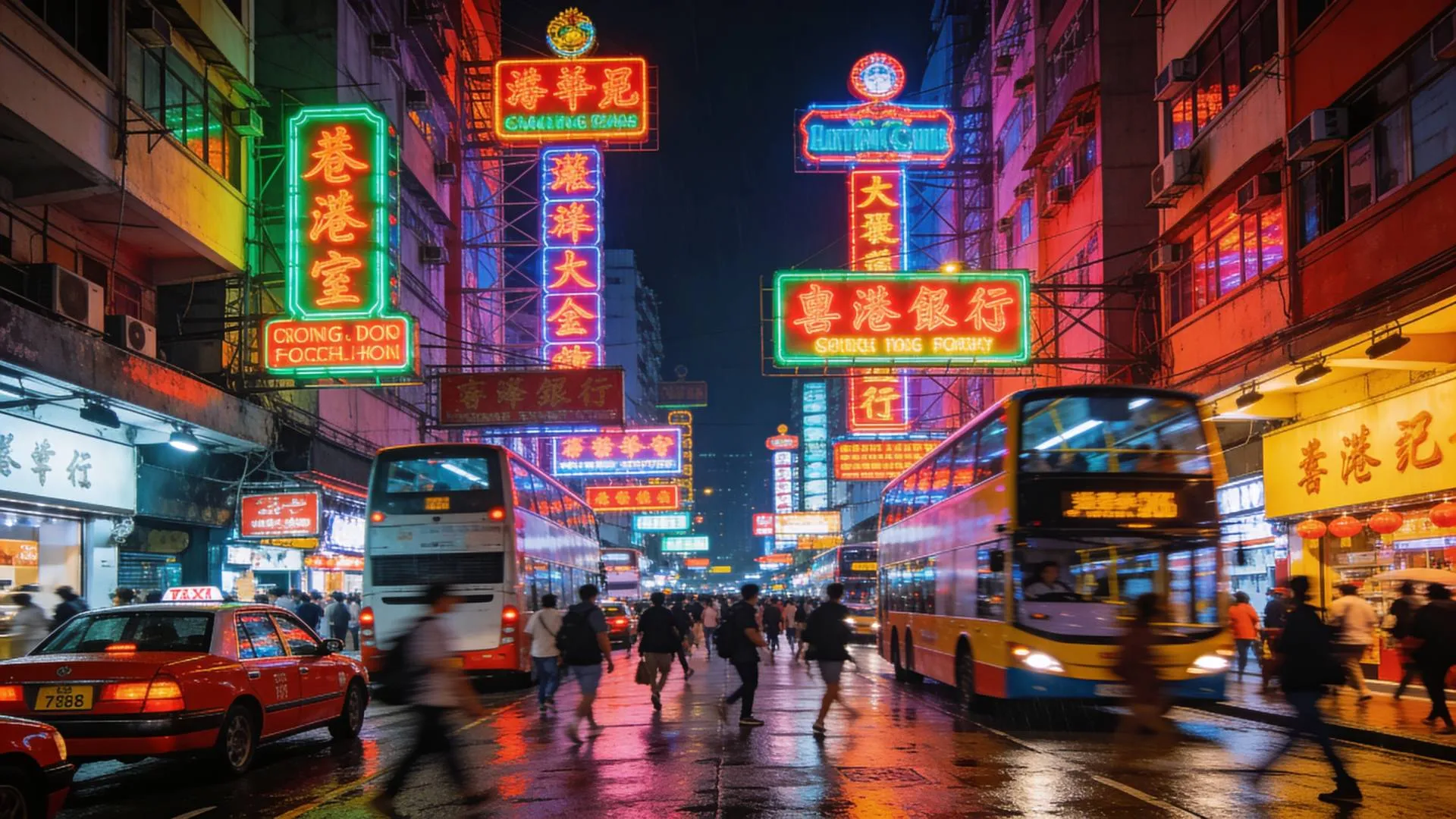 Neon-lit street in Mong Kok at night