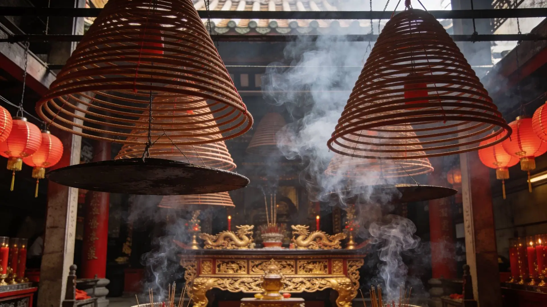 Man Mo Temple incense coils in Sheung Wan
